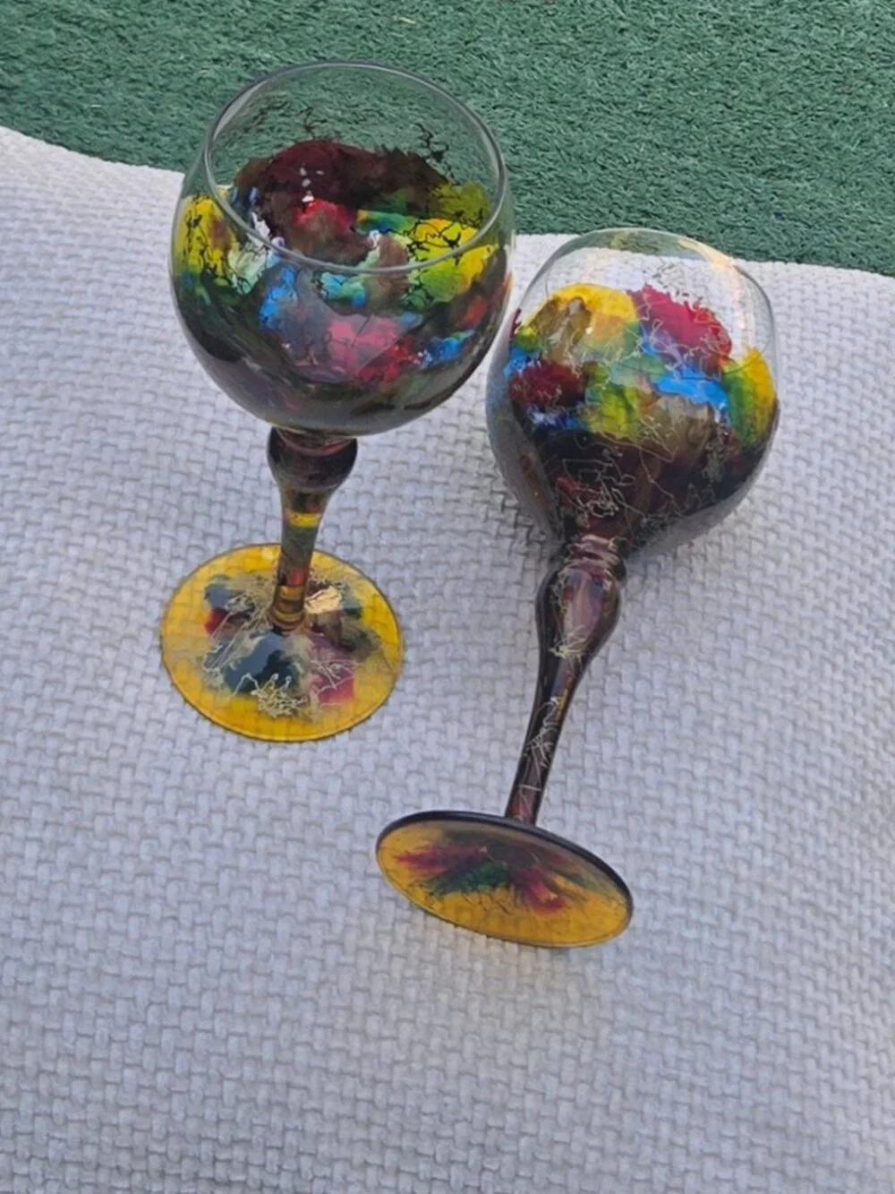 MONACO MONARCH Pair of Abstract Colorful Crystal Balloon Wine Stem Goblets